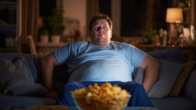 Man lounges on a couch eating chips in a living room at night while watching television