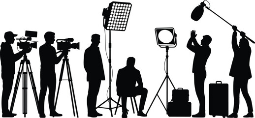 Black silhouettes of a production crew working on a set, including camera operators, lighting technicians, and a boom operator, isolated on a white background © jubair54