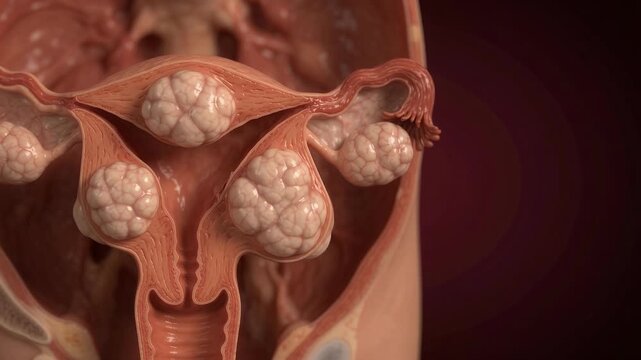 Detailed 3D medical animation of the human female reproductive system showing the uterus, fallopian tubes, and ovaries in a cross-section view.
