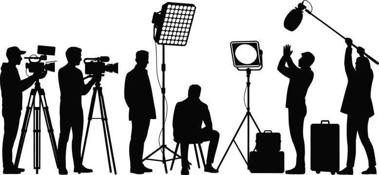 Black silhouettes of a production crew working on a set, including camera operators, lighting technicians, and a boom operator, isolated on a white background