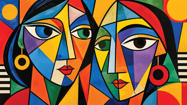 Geometric portrait of two faces showcases a vibrant cubist vector illustration