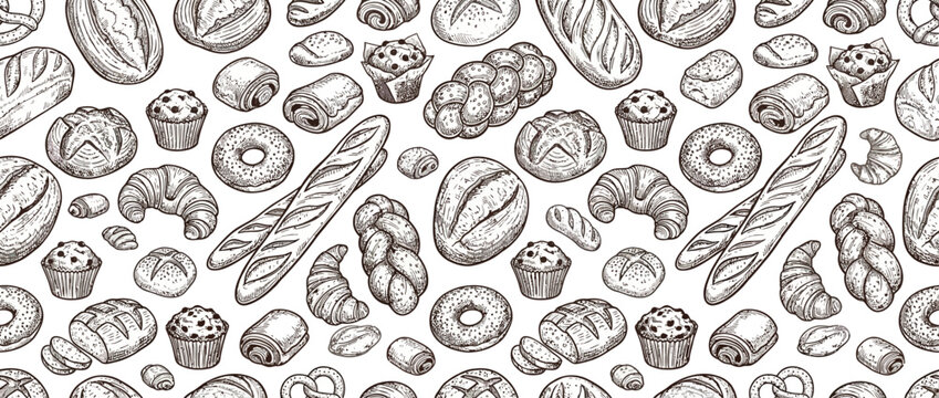 Bakery seamless pattern with hand drawn bread loaves and pastries on white background