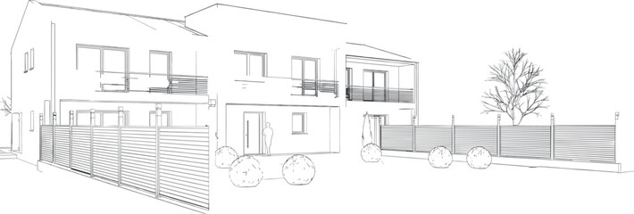 Fototapeta premium Modern Two Story Villa Exterior Line Art Sketch featuring Fence and Balcony Details for Architectural Presentation Vector Illustration