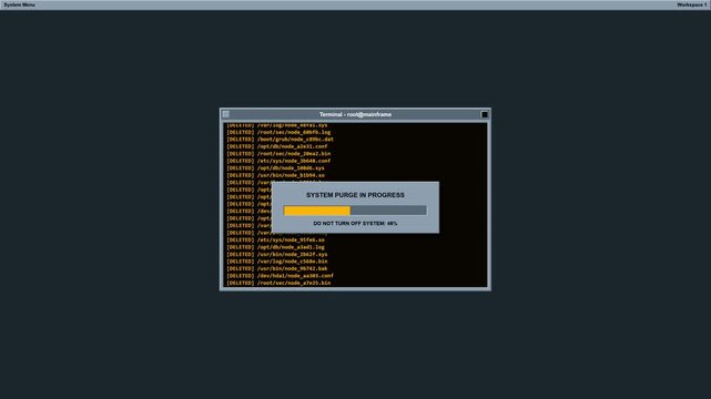Digital Terminal Executes a System Purge Command Rapidly Deleting Files with a Progress Bar Leading to a Critical Kernel Panic and Complete System Halt