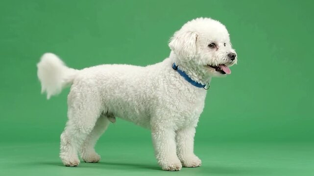 Fluffy white bichon Frise dog standing with bright green background video footage clip