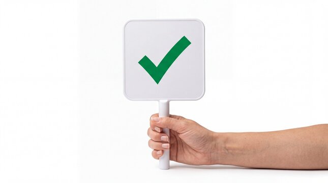 Hand holding white sign board with green check mark symbol isolated on white background
