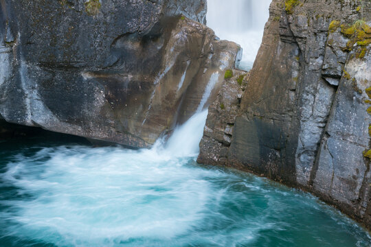 Canada, Alberta, Banff National Park.   Surging water of the Johnston Creek in the Johnston Canyon, a popular hike for park visitors.