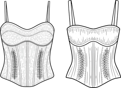 Women Embroidery Bustier Corset Top Technical Flat Sketch Vector Illustration Set for Garment CAD Template Design
