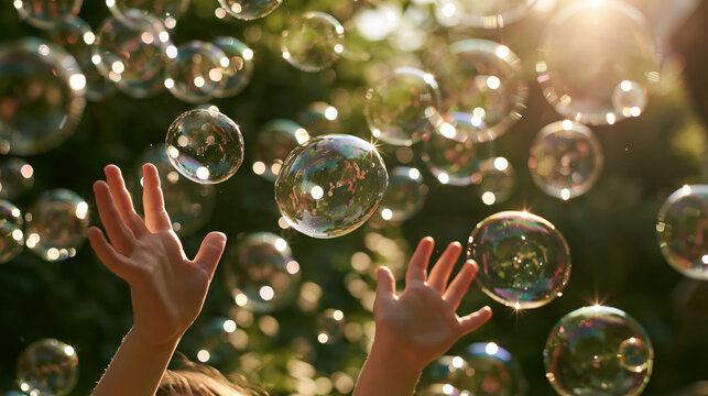 Bubbles float in garden with sunlight and hands reaching up
