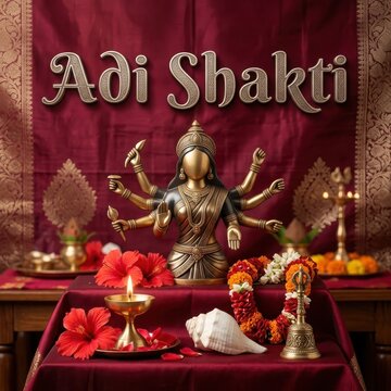 Goddess adi shakti statue with red hibiscus flowers and brass oil lamp for traditional hindu spiritual festive occasion.