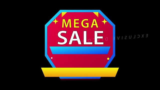 Red octagonal promotional tag with mega sale exclusive discount and up to 25 percent off text