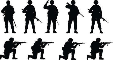 Obraz premium Set of black soldier silhouettes featuring military personnel standing with rifles and kneeling in tactical combat positions on a white background for