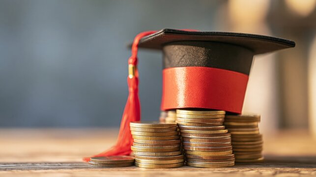Graduation cap rests atop gold coins