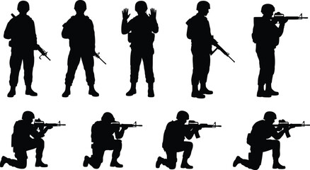 Obraz premium Set of black silhouettes of soldiers in various combat stances, including standing, aiming rifles, and kneeling, isolated on a white background, for tactical use