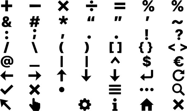 Vector illustration set of basic mathematical symbols, punctuation marks, currency signs, and UI web navigation glyphs in clean black vector style, featuring math operators, checkmark
