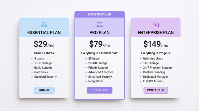 3D pricing table design template with three subscription plans, showing details for Essential, Pro, and Enterprise tiers with purple and blue gradients.