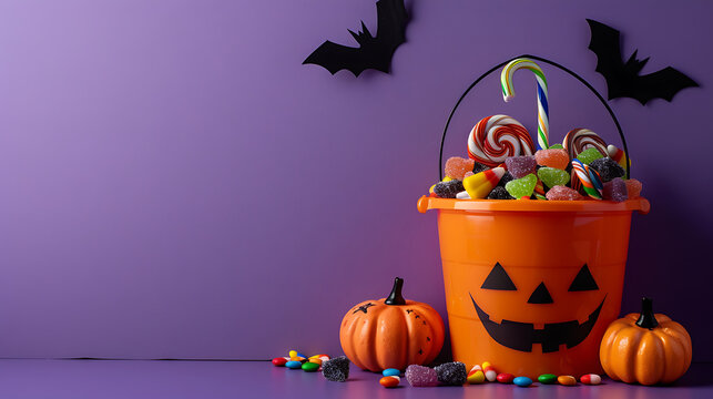 Commercial studio shot of an orange Halloween pumpkin bucket filled with colorful candies on purple