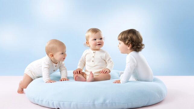 Three smiling babies interact on a soft, light blue cushion