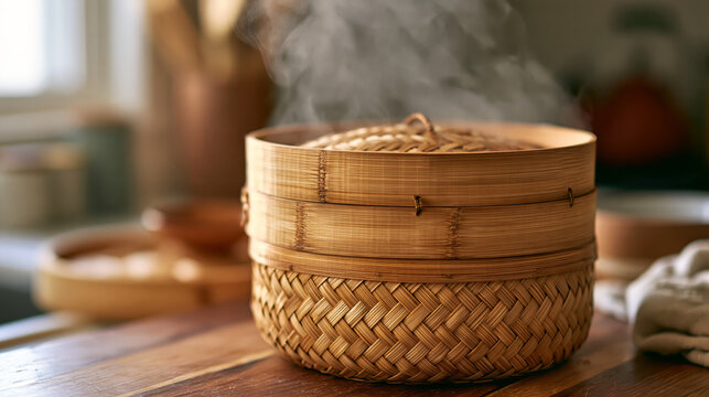 Bamboo steamer basket stacked showing lattice pattern in kitchen