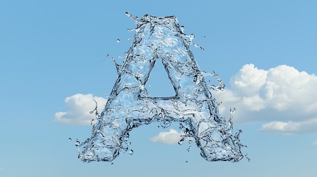 Water splash letter A against blue sky and clouds.