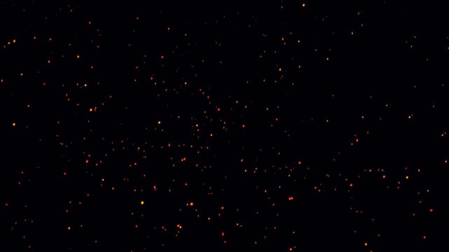 Hot fire sparks rising up slowly upwards animation over black background. Floating Orange Fire particles flame and ashes moving fast. Burning Cinematic ash particles overlay looping in fiery sky.