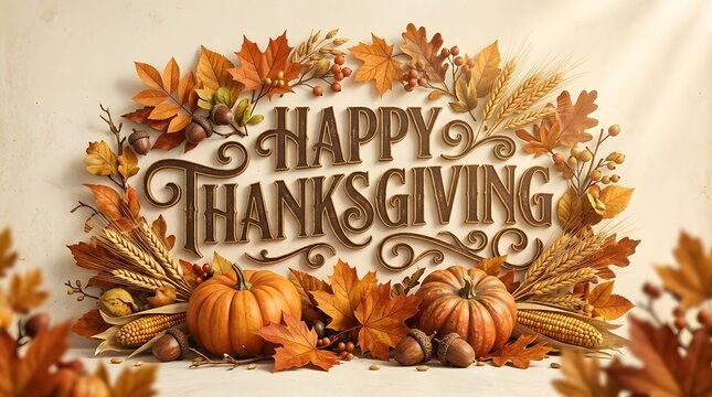 Festive happy thanksgiving greeting surrounded by autumn leaves and miniature pumpkins