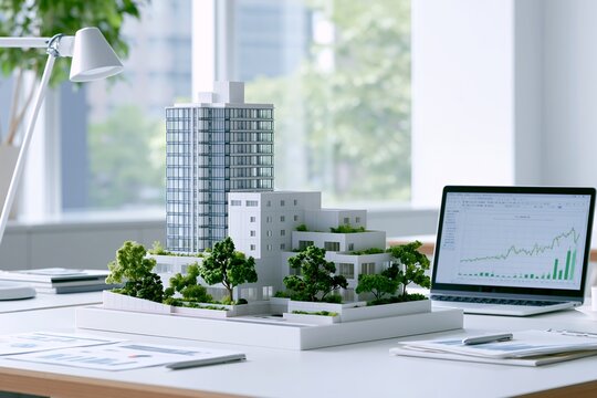 建築模型とノートパソコンで都市開発プロジェクトを計画するビジネスシーン