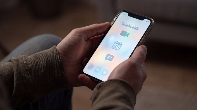 Telehealth mobile app interface on smartphone screen, online medical consultation display held by hands, modern digital healthcare service technology