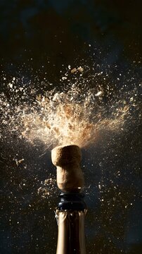 Champagne cork popping with spray and bubbles in dark setting