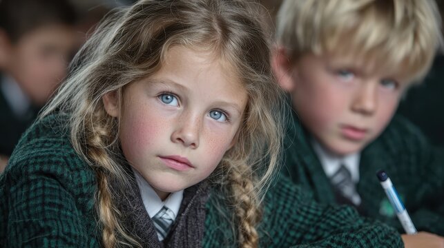 A thoughtful girl with braids sits in school, seemingly distracted from her classmates and schoolwork, perhaps contemplating something important