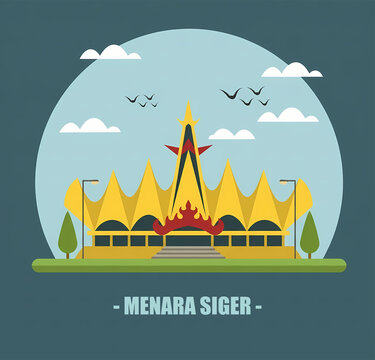 Flat vector illustration of Siger Tower in Lampung Indonesia, travel poster badge concept