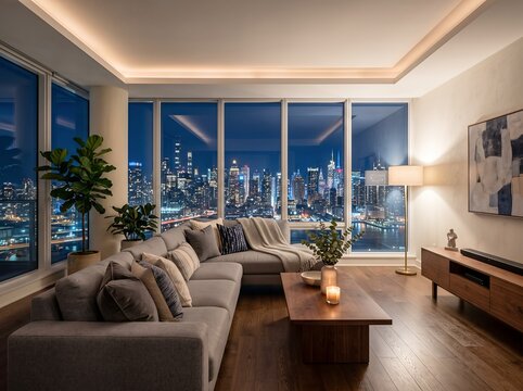 煌めく街の夜景を望むラグジュアリーなリビング空間