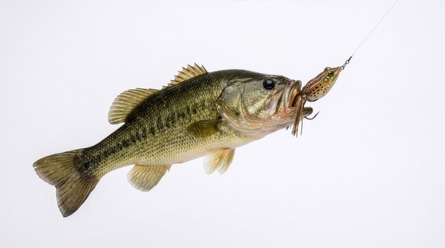Largemouth bass fish biting a frog fishing lure underwater