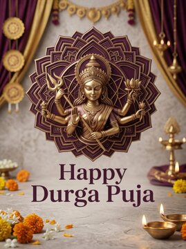 Golden statue of multi-armed Hindu goddess Durga emerging from mandala against ornate temple backdrop for festival.