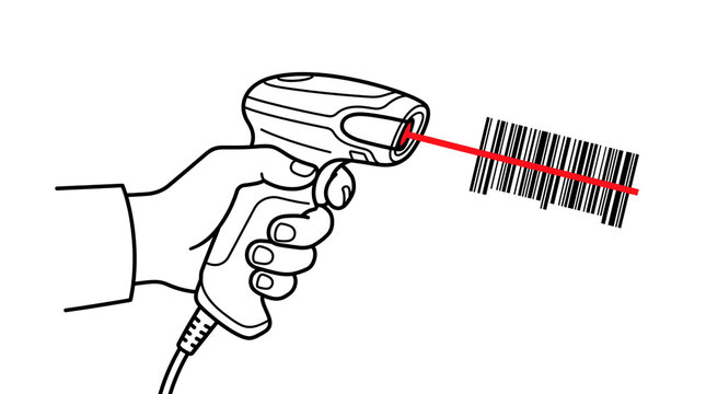 Barcode scanner illustration scanning product code with red laser, hand holding laser barcode reader, retail inventory checkout line art icon concept