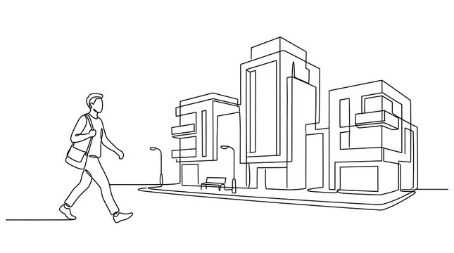 A continuous line drawing of a man walking past modern city buildings, featuring clean black strokes on a white background for urban design concepts