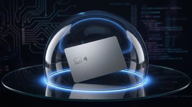 Online payment security featuring a modern credit card protected by a transparent glass dome on reflective surface.