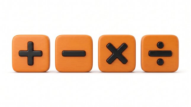 Colorful mathematical symbols on orange blocks neatly arranged in a horizontal row on white background