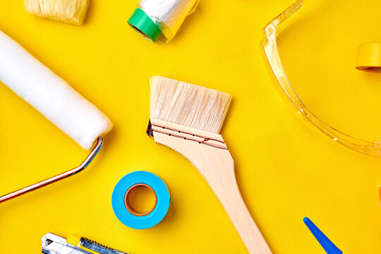 Painting Tools on Yellow Background