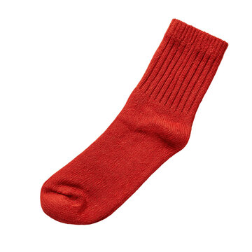 Single red athletic sock with ribbed cuff in soft studio light isolated on transparent background