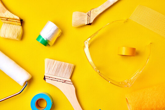 Painting Tools on Yellow Background