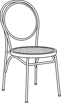 Black and white line art drawing of a classic Parisian cafe chair.