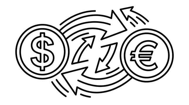 Minimalist line art currency exchange icon, US dollar and euro money transfer graphic, financial exchange symbol