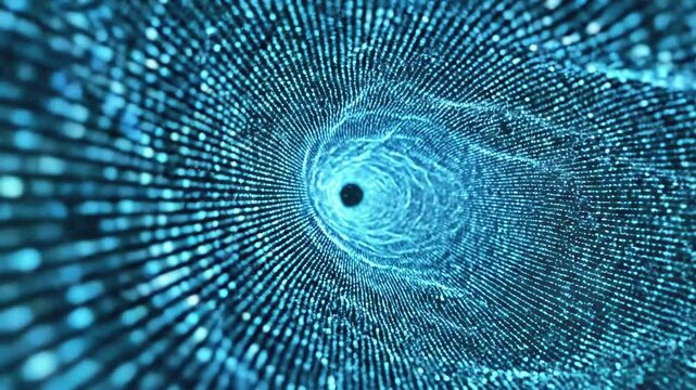 Digital blue particle tunnel with glowing central light.