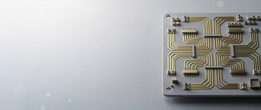 3D Abstract Render of Superconducting Resonator Circuit Board for Quantum Readout Interface with Copy Space (21:9 Web Header)