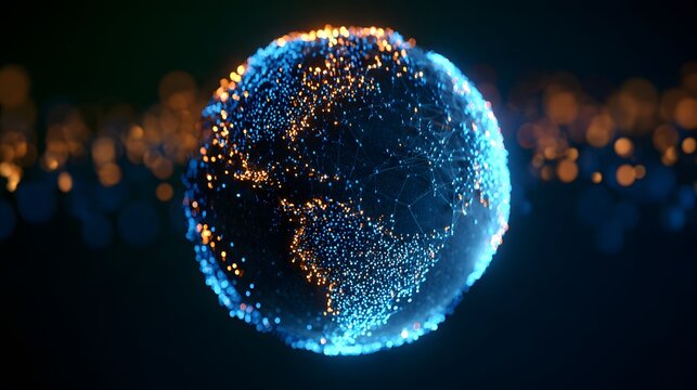 Glowing digital globe of Earth with blue and orange light points