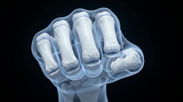 A detailed 3D illustration of human hand anatomy showing the skeletal structure and wrist bones on a dark background.