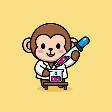 Cute monkey scientist conducting experiment with beaker and dropper.