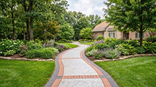 Curving stone and brick garden path leads through landscaped grounds toward a house. Garden landscaping and outdoor design. Paved walkway with perennial planting.