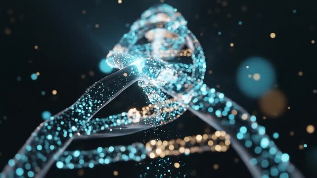 Glowing blue DNA double helix rotating with golden bokeh particles on dark background, genetics 3D animation